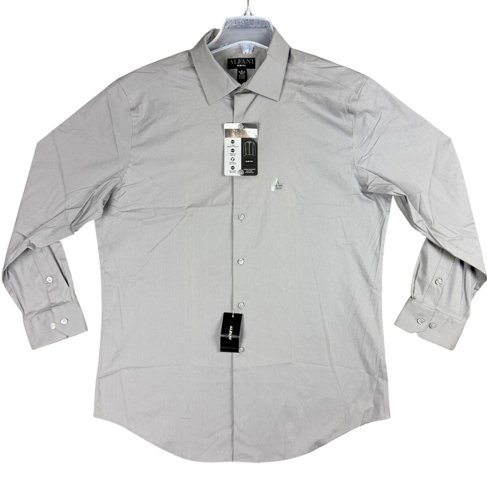 NEW Alfani Alfatech Mens 16-16.5 32/33 Grey Slim Fit Dress Shirt Light Stretch